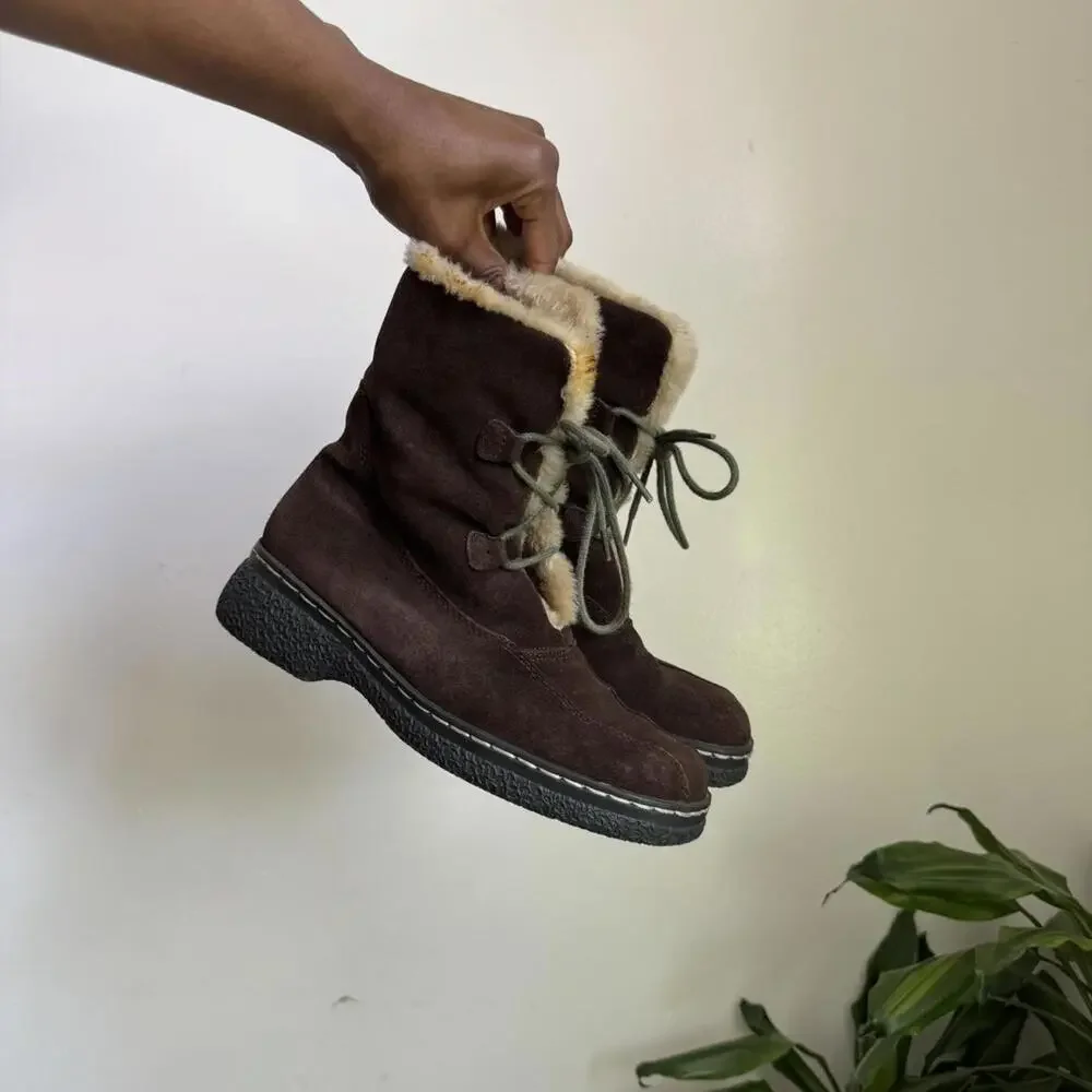 Vintage brown suede ankle boots with fur trim and lace up details‎ size 7.5